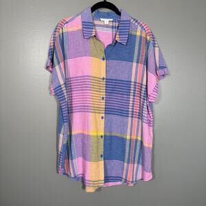 BeachLunchLounge Woman's Pink & Blue Plaid Linen Blend Button Up Shirt - Size XL